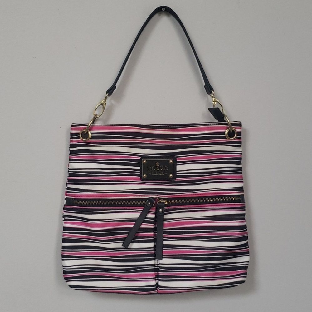 Nicole by Nicole Miller Pink Black White Striped Purse Handbag